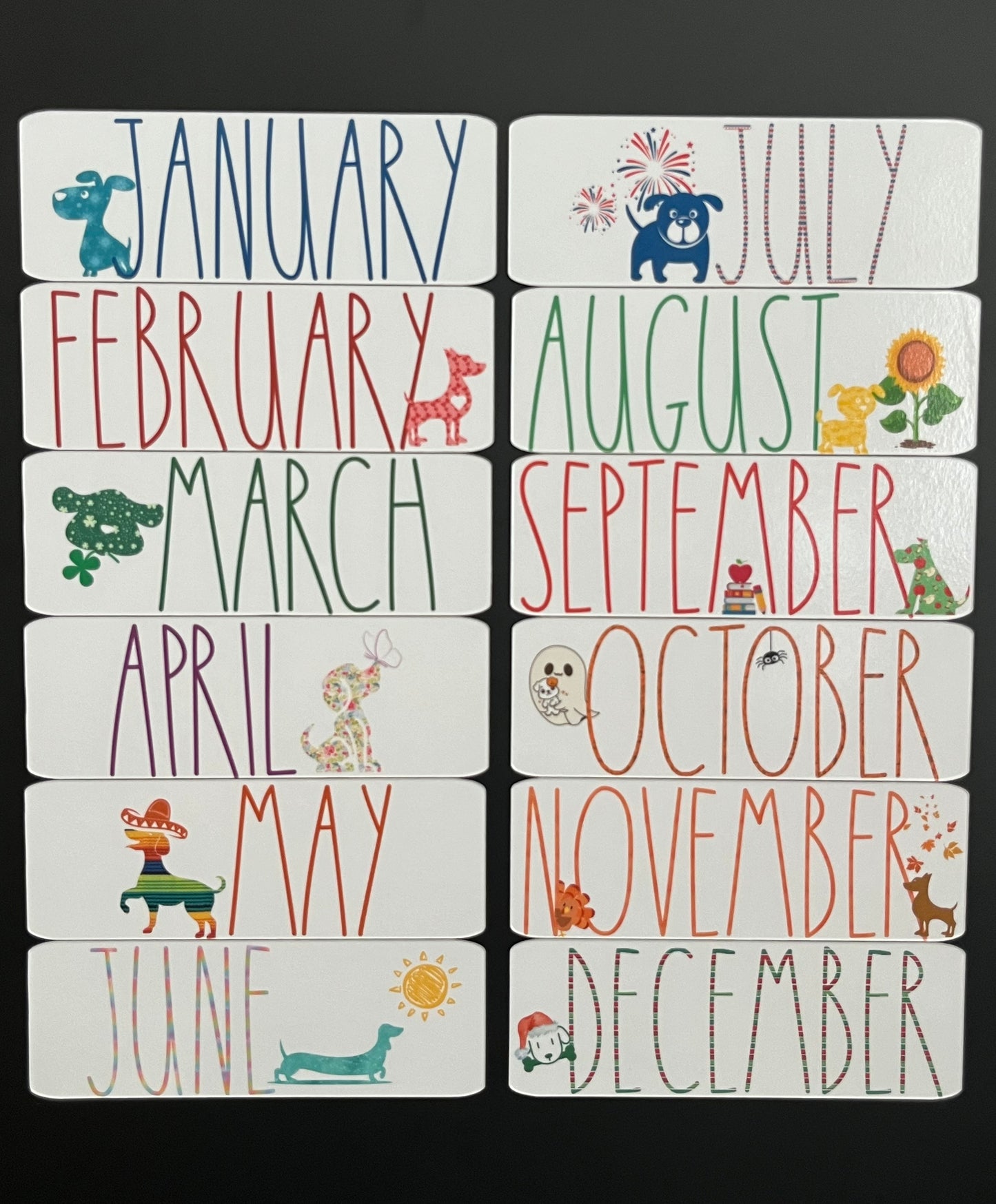 Dog Themed Monthly Magnets - RAE DUNN font - 12 months included - Assorted Sizes