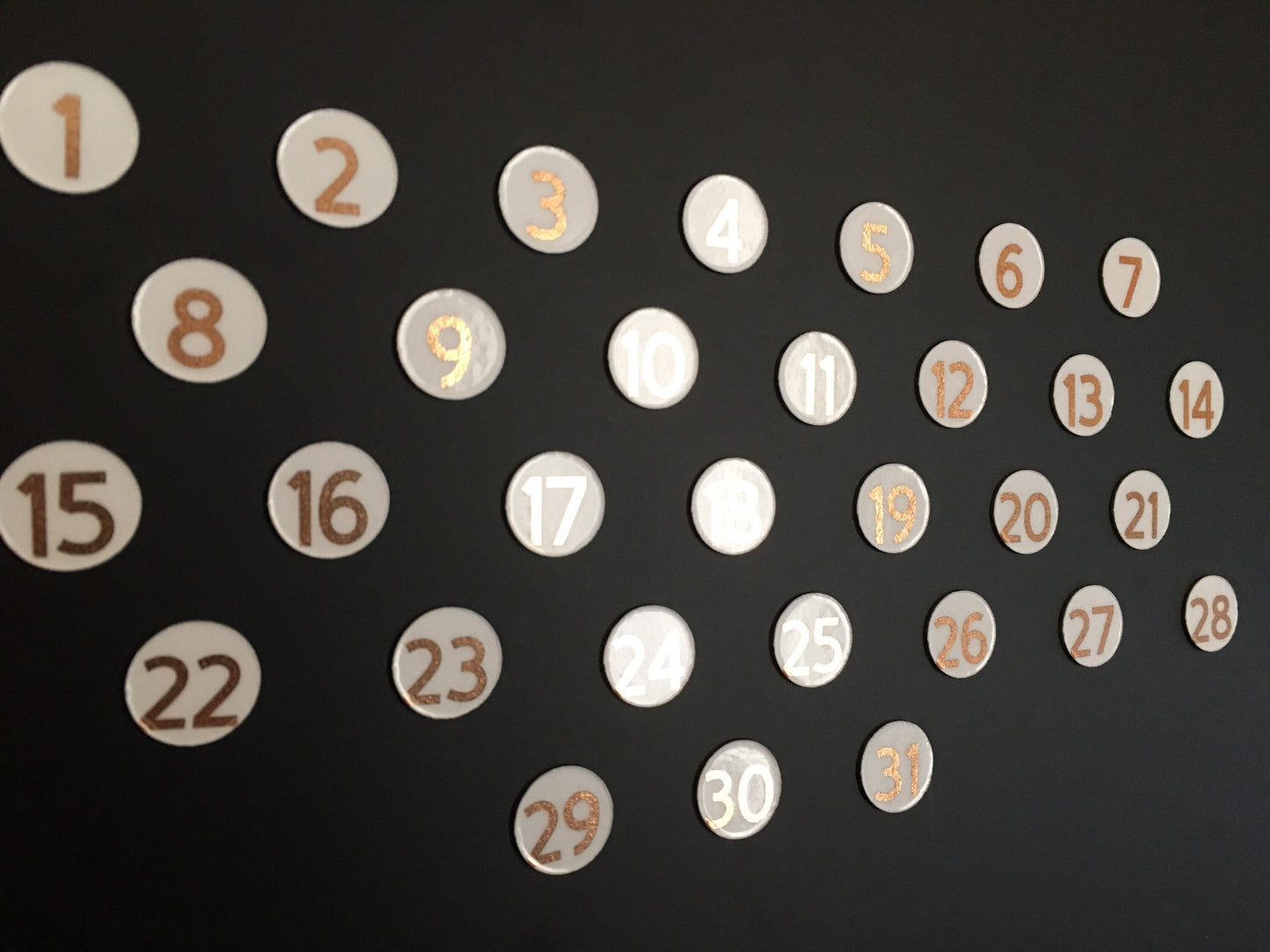 Rose Gold and Gold Foiled Number Magnets // Perpetual Calendar Foil Magnet Numbers // Fancy Calendar Magnets Days - DM Sans Font