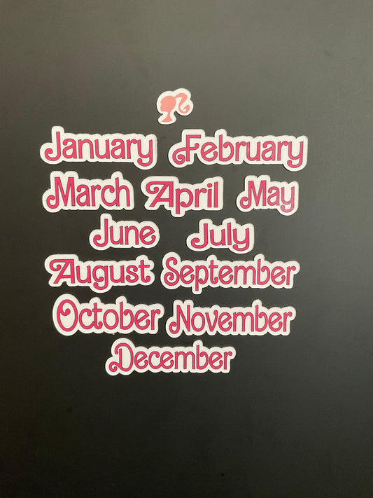 Doll Themed Monthly Magnets // Pink Dolled Font Months // Fashion Doll Calendar Months