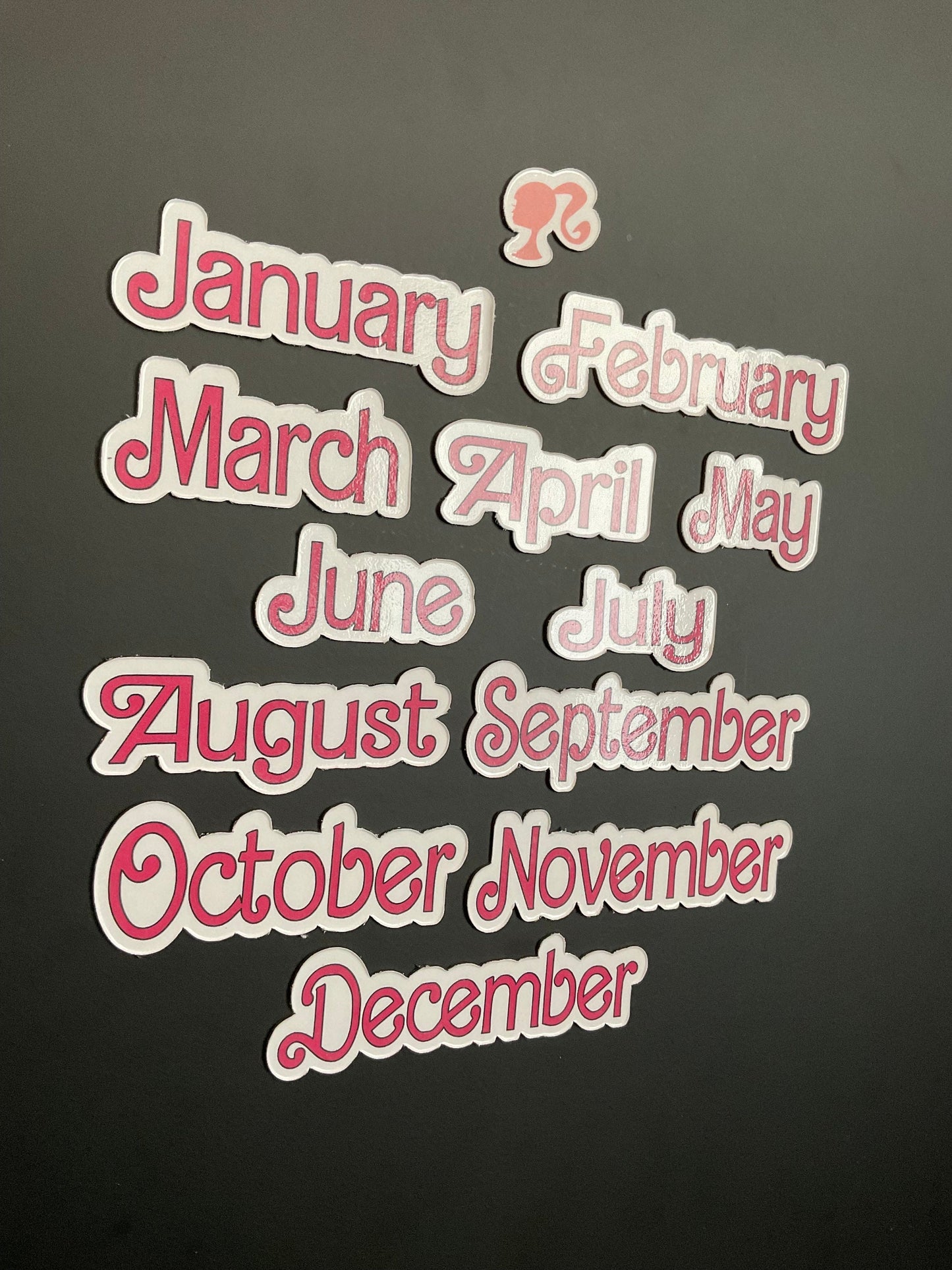 Doll Themed Monthly Magnets // Pink Dolled Font Months // Fashion Doll Calendar Months