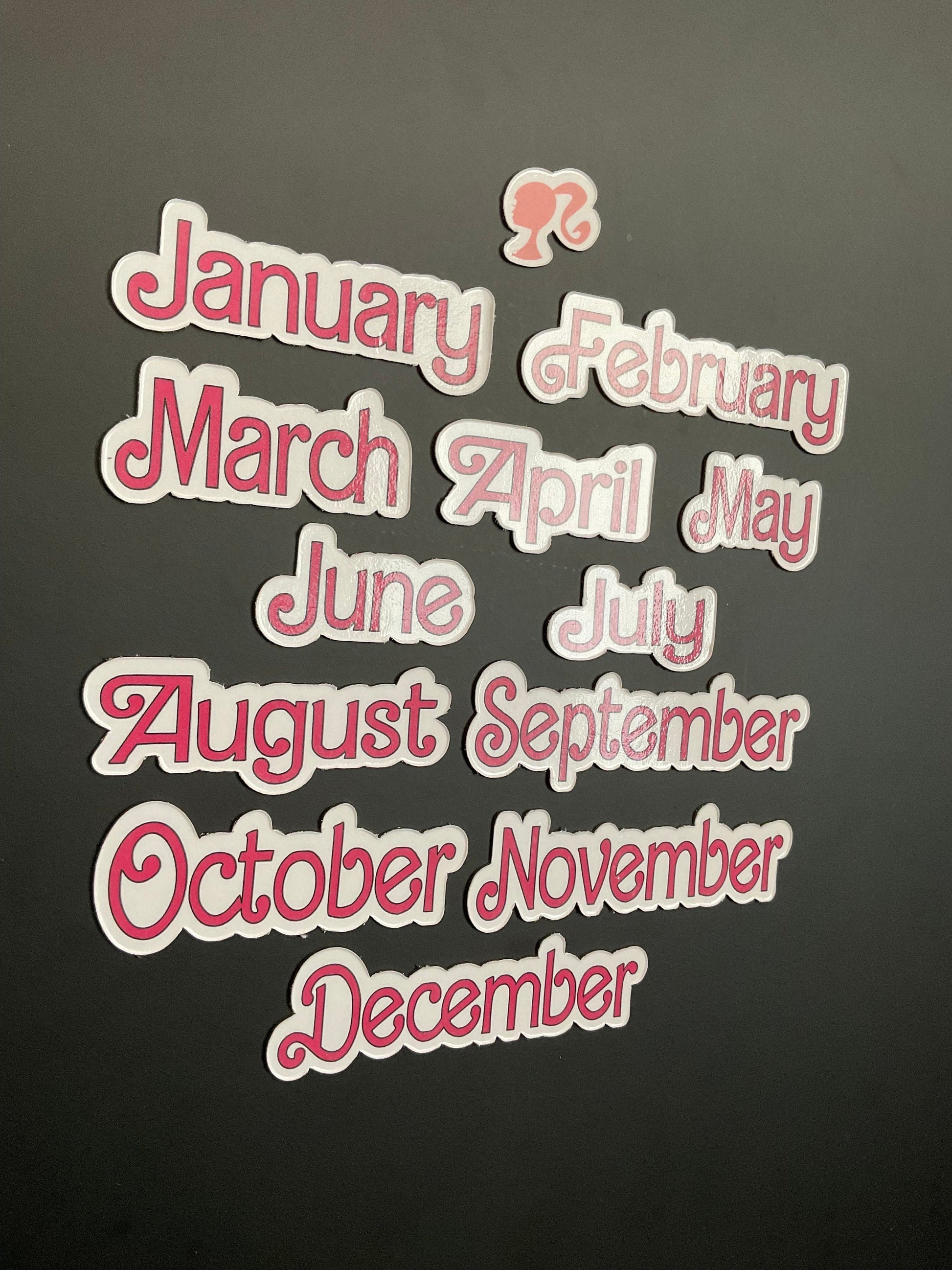 Doll Themed Monthly Magnets // Pink Dolled Font Months // Fashion Doll Calendar Months