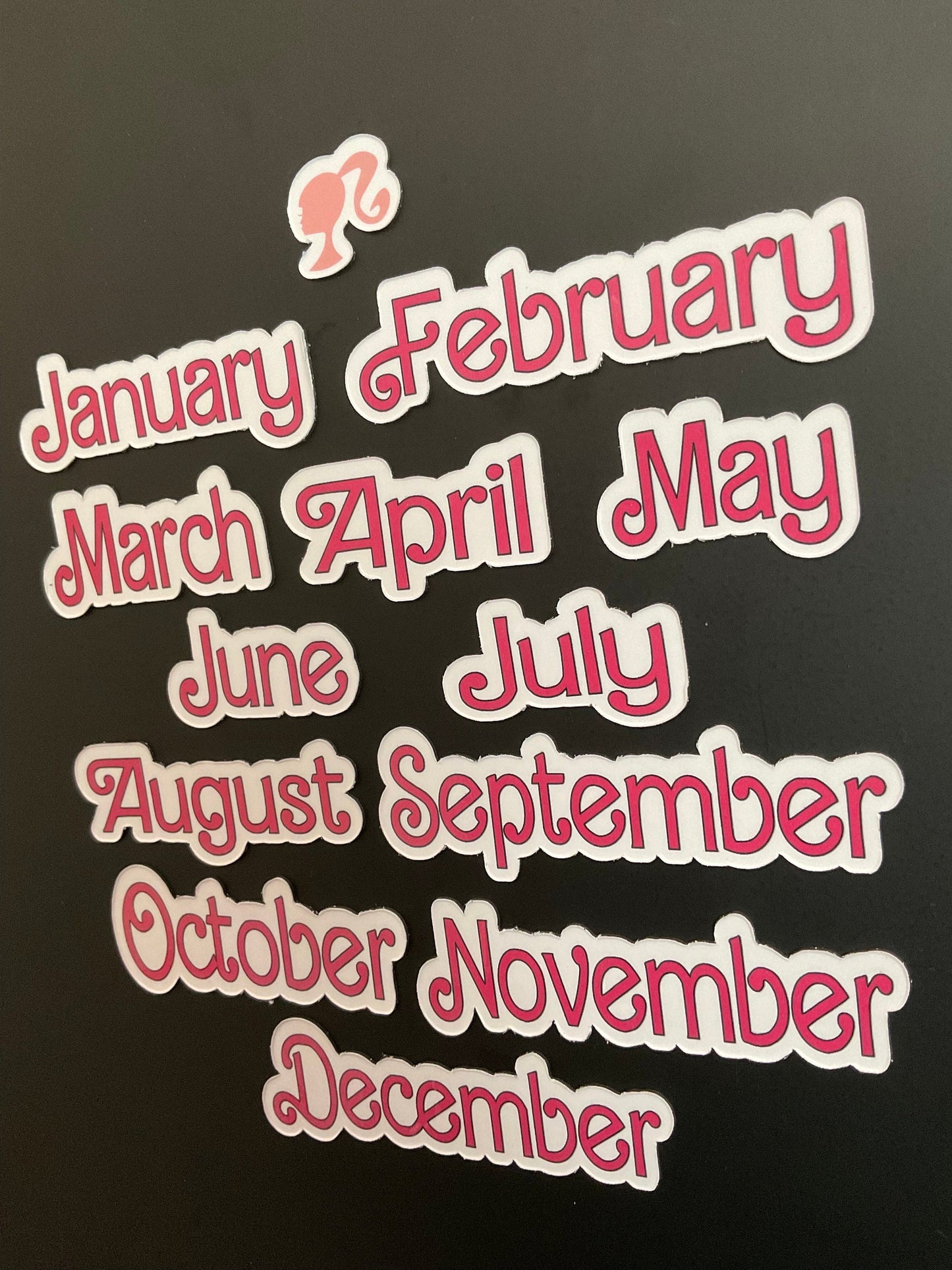 Doll Themed Monthly Magnets // Pink Dolled Font Months // Fashion Doll Calendar Months