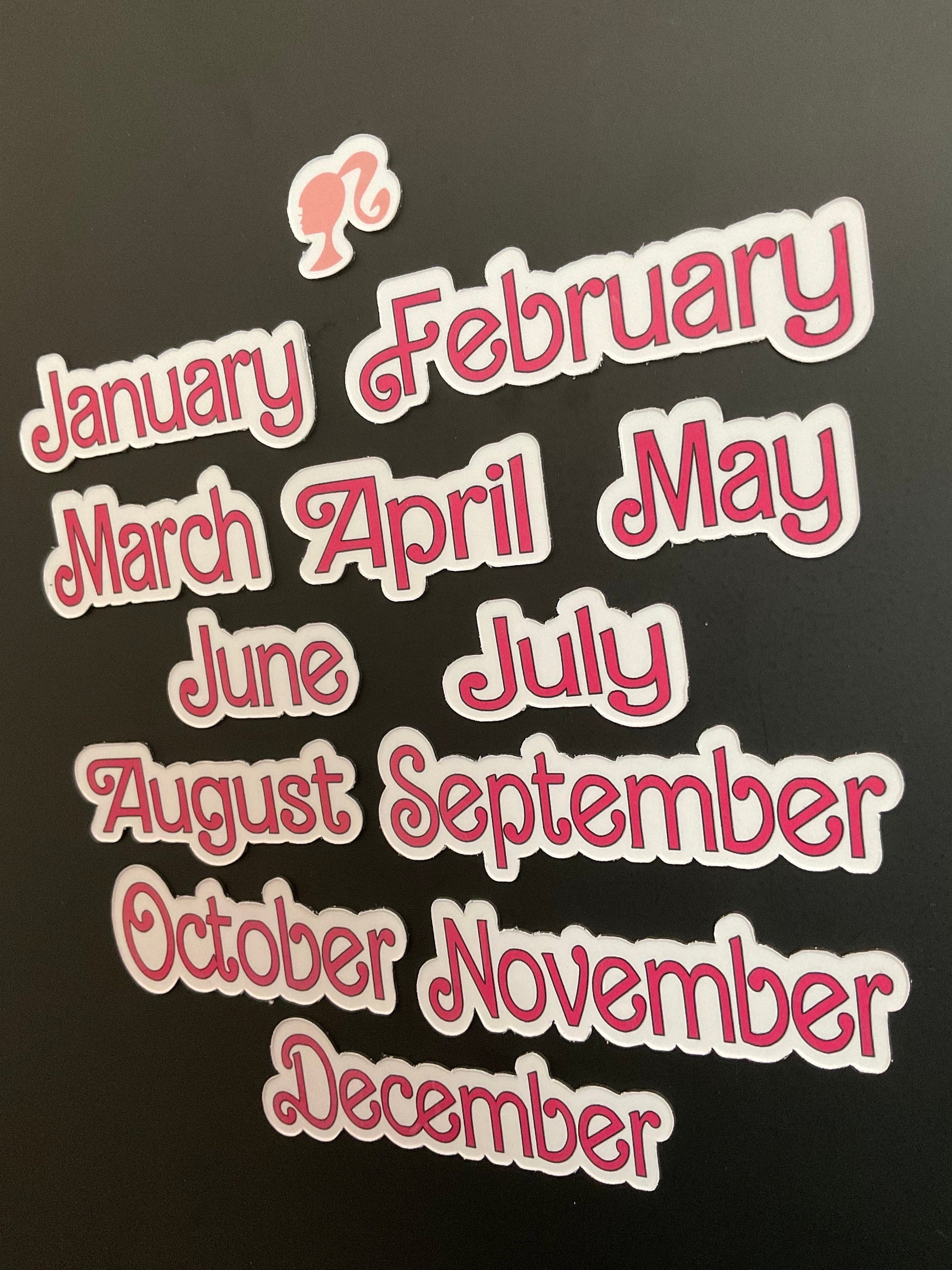 Doll Themed Monthly Magnets // Pink Dolled Font Months // Fashion Doll Calendar Months