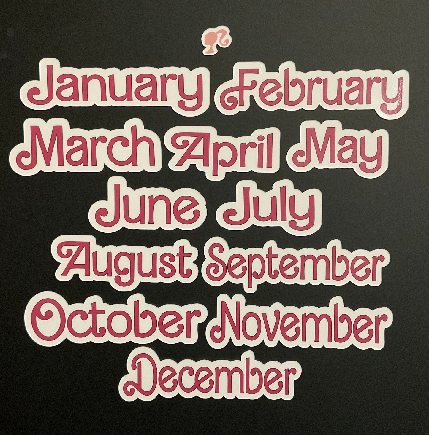 Doll Themed Monthly Magnets // Pink Dolled Font Months // Fashion Doll Calendar Months