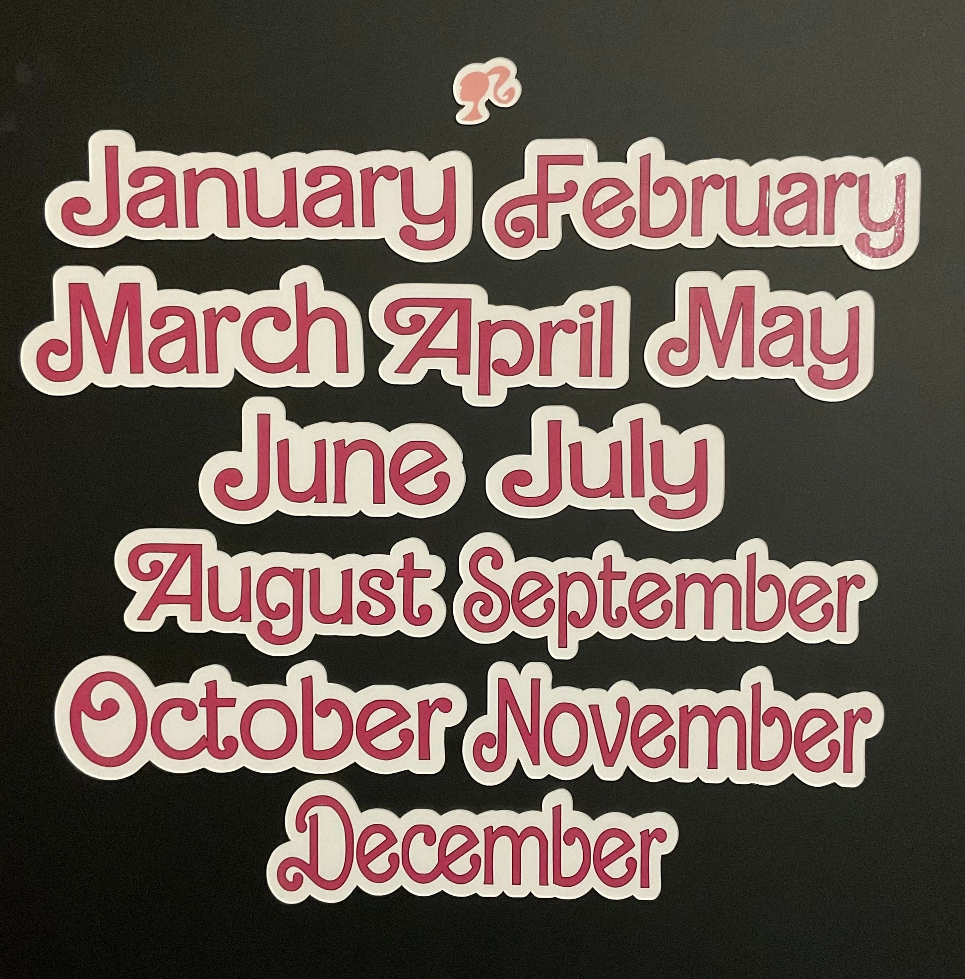 Doll Themed Monthly Magnets // Pink Dolled Font Months // Fashion Doll Calendar Months